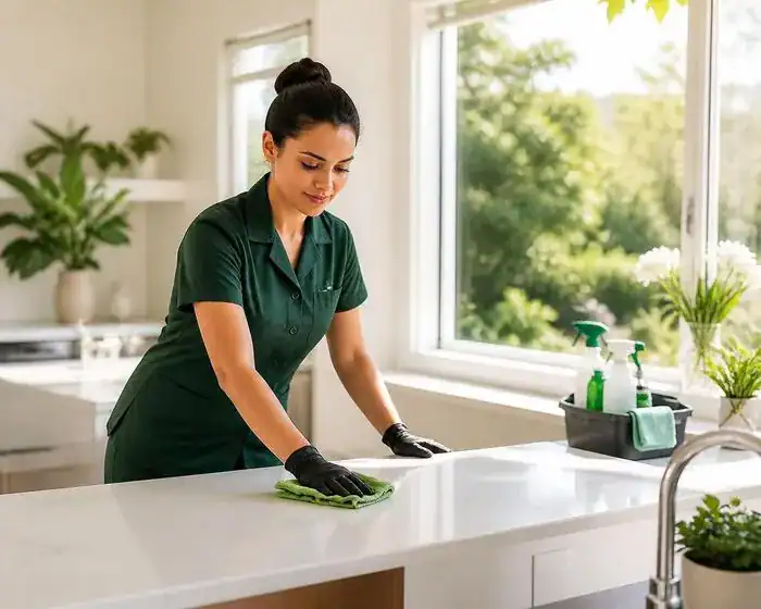 Woman cleaning kitchen countertop with green cloth in Montreal home.