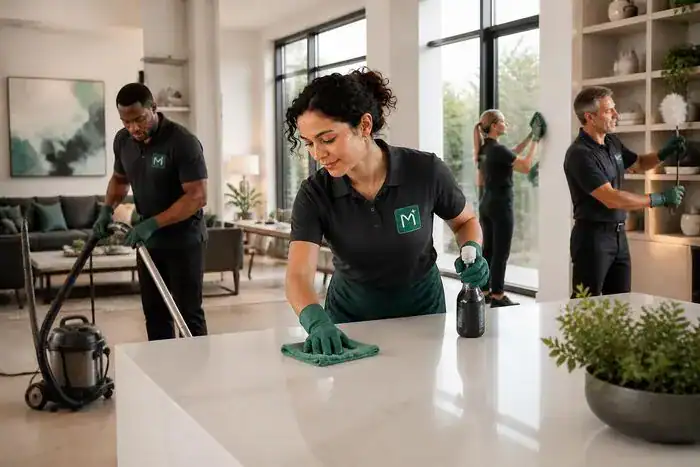 Cleaning professional caring for a meeting space in a Montreal-area office