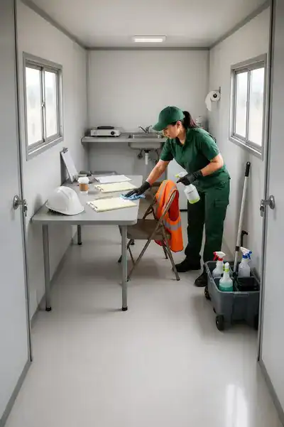 The same construction site trailer interior after cleaning